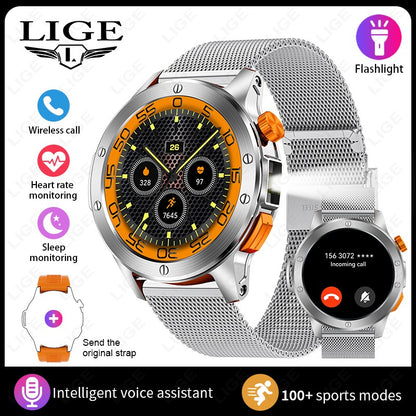 LIGE Fashion Smart Watch Men Voice Assistant Bluetooth Call Heart Rate Monitoring IP68 Waterproof LED Flashlight Men SmartWatch