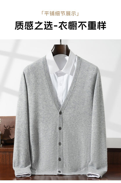 New Simple Button-Up Long Sleeve 100% Wool Cardigan Men's V-Neck Autumn Winter Versatile Commuter Sweater Knitted Jacket