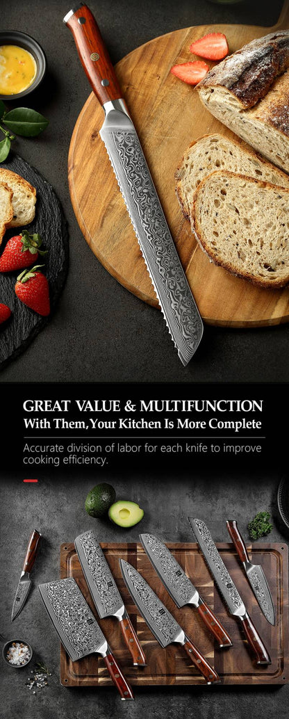 XINZUO 7PCS VG10 Damascus Steel Knife Set 67 Layers Rosewood Handle 60HRC Sharpness International Standard Gift Box Kitchen Tool