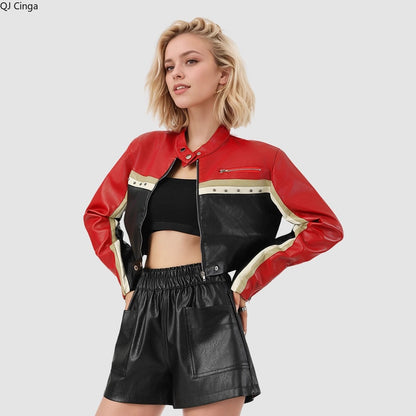 New Fall Women's Red Long-Sleeve Faux Leather Jacket, Short-Length Fashionable Biker PU Coat.