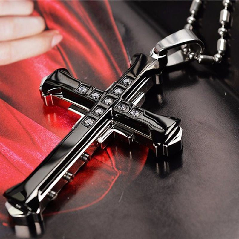SUMENG 2025 Novo Colar Masculino de Aço Inoxidável com Pingente de Cruz de Cristal Jesus nas Cores Dourado/Preto/Azul e Zircônia