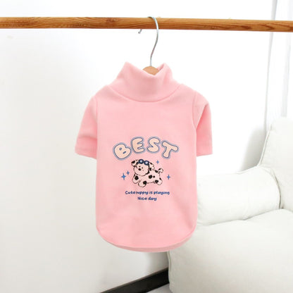 Camisa de base quente com gola alta de pelúcia para animais de estimação, moletom grosso de desenho animado para outono e inverno, roupas para cães para atividades ao ar livre