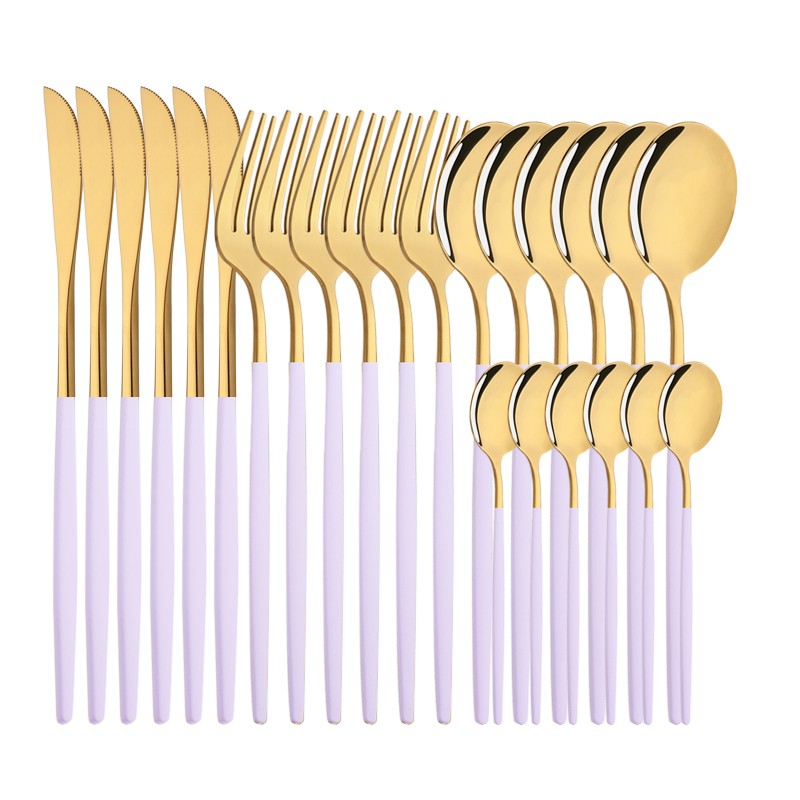 Conjunto de Talheres Roxo de 24 Peças com Cabo Roxo em Aço Inoxidável Dourado, Faca, Garfo, Colher de Café, Conjunto de Talheres Prateados