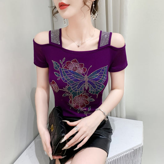 Summer New Fashion Cartoon T-shirt Chic Hollow Out Hot Diamonds Tees Sexy Off Shoulder Short Sleeve Women's Tops Blouse