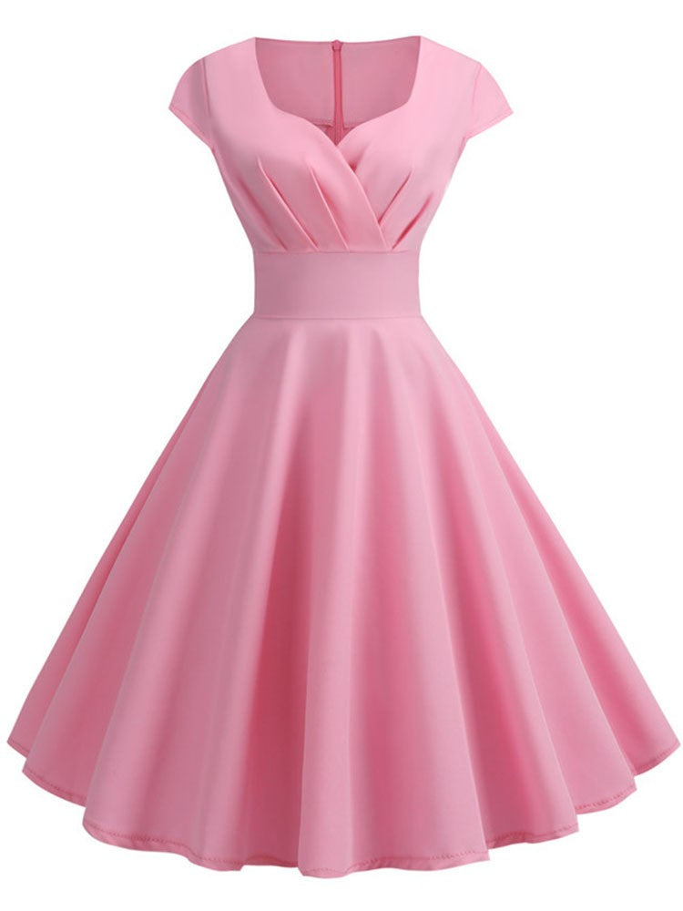 Pink Summer Dress Women V Neck Vintage Robe Elegant Retro pin up Party Office Mi