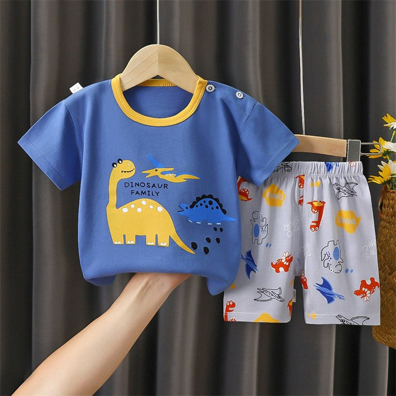 Cotton Pajama Cartoon T-Shirt+Shorts 2-Piece Clothing Set Kids Summer Baby Boys Girls Stripe Casual Tracksuit Clothes Suit 0-6 Y