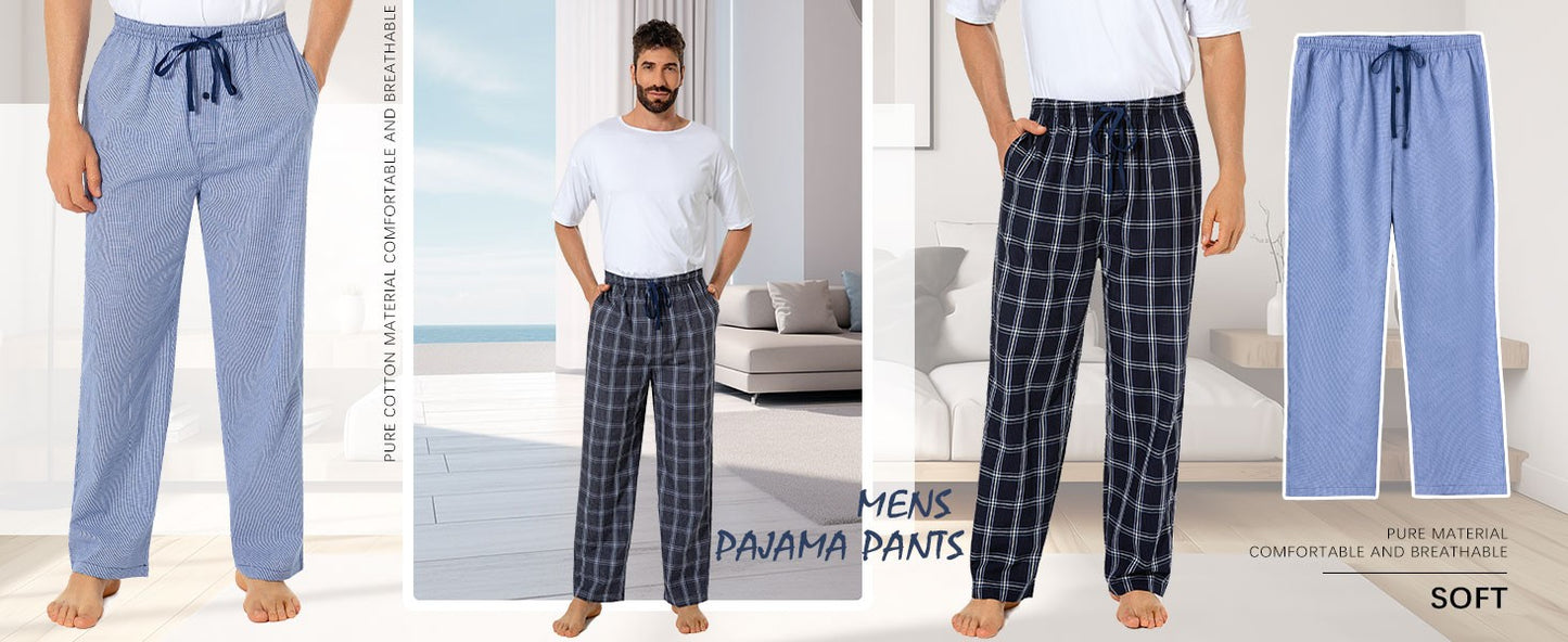 3pcs Men's Pajama Bottoms Spring/Summer Cotton Thin Plaid Sleep & Lounge Pants with Pockets and Elastic Waistband