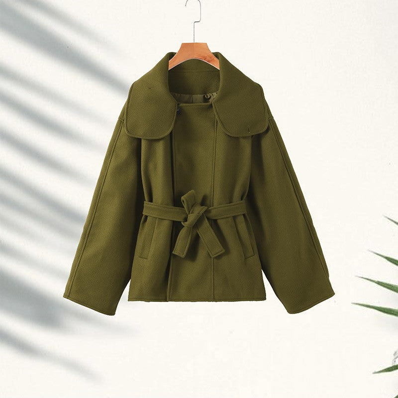 Woolen Solid Women Coat Fashion Belt Patchwork Lace Up Full Sleeve Lapel Lady Jacket 2025 Autumn Winter Female Loose Streetwear