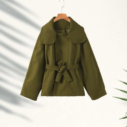 Woolen Solid Women Coat Fashion Belt Patchwork Lace Up Full Sleeve Lapel Lady Jacket 2025 Autumn Winter Female Loose Streetwear
