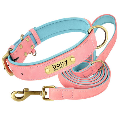 Conjunto Personalizado de Coleira e Guia de Couro para Cães Coleira de Couro Acolchoada Macia para Cães de Pequeno, Médio e Grande Porte com Placa de Identificação Grátis