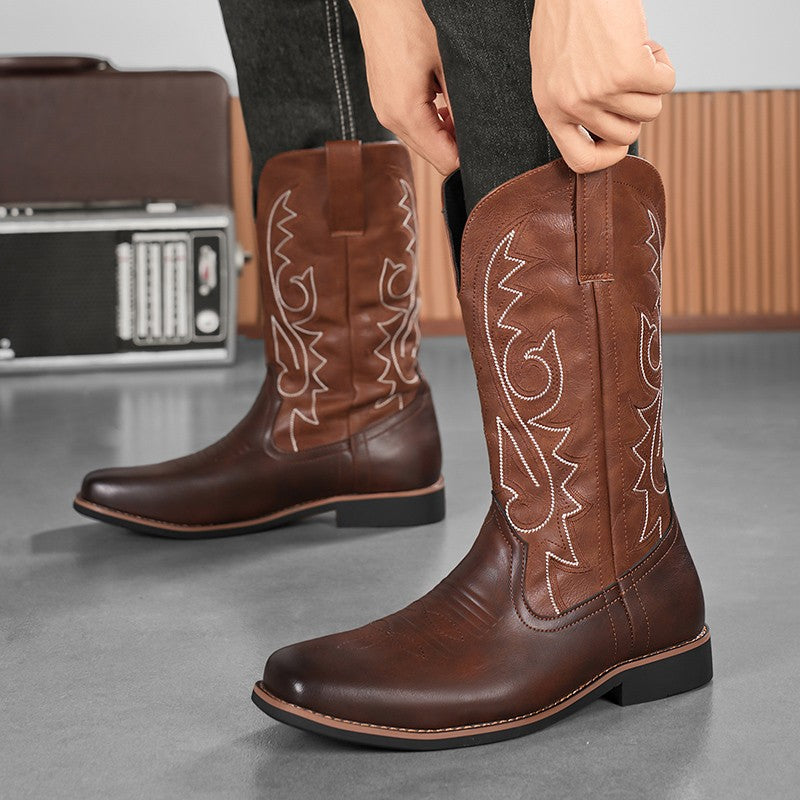 Men's Creative Pattern Embroidered Vintage Lace-Up Boots Wide-Toe Men's Cowboy Boots High-Top Riding Boots Extra Large Sizes