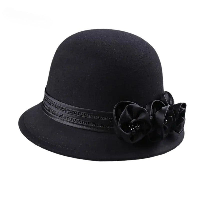 Autumn Winter NEW Wool Formal Hat Women’s  Hat Church Hat Fisherman Hat Rose Blossoms Pearl Elegant Fashion Versatile