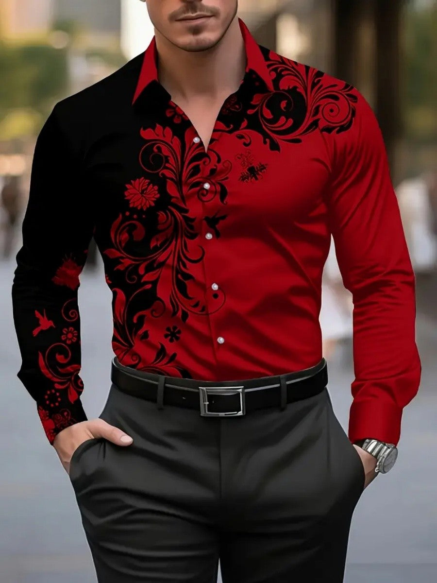 Men's floral-print ethnic-style blouse, Western-style denim shirt, long-sleeved