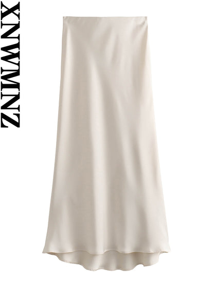 XNWMNZ Women's Fashion 2023 Flowing Satin Midi Skirt Women Vintage Elastic High