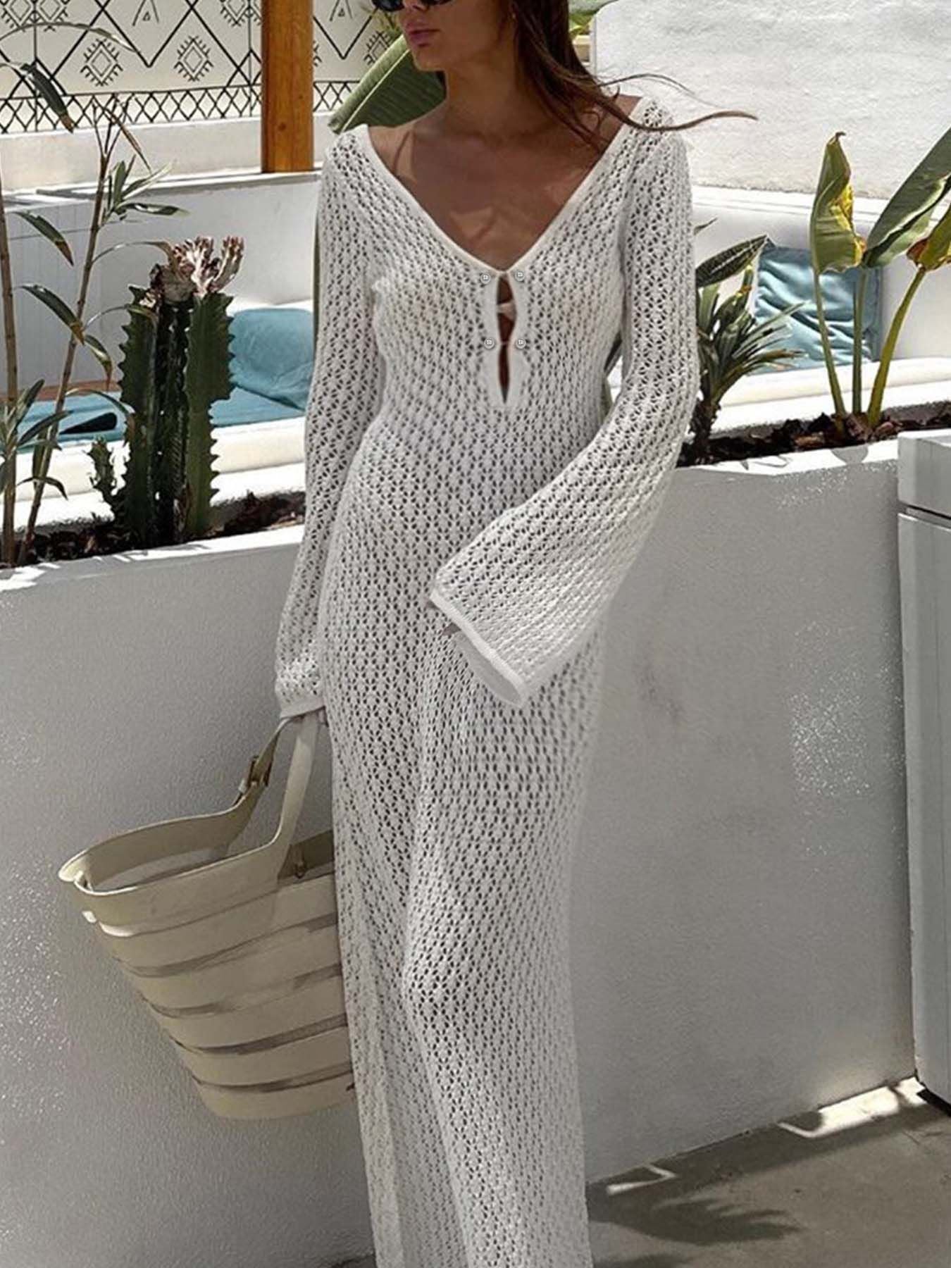 Sexy Women White Long Knit Sleeve Bikin Fashion Cover up Female See-Through Deep