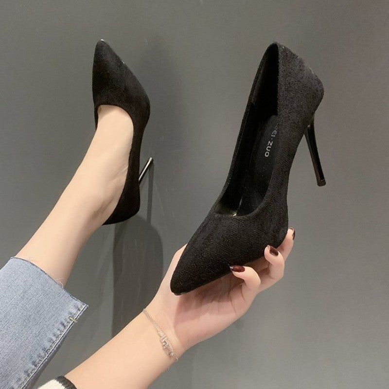 High Heels Women's New Women's Shoes Pointed Shallow Mouth Single Shoes Fine Heel Suede Black Fashion Shoes Women Large Size