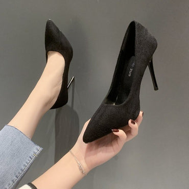 High Heels Women's New Women's Shoes Pointed Shallow Mouth Single Shoes Fine Heel Suede Black Fashion Shoes Women Large Size