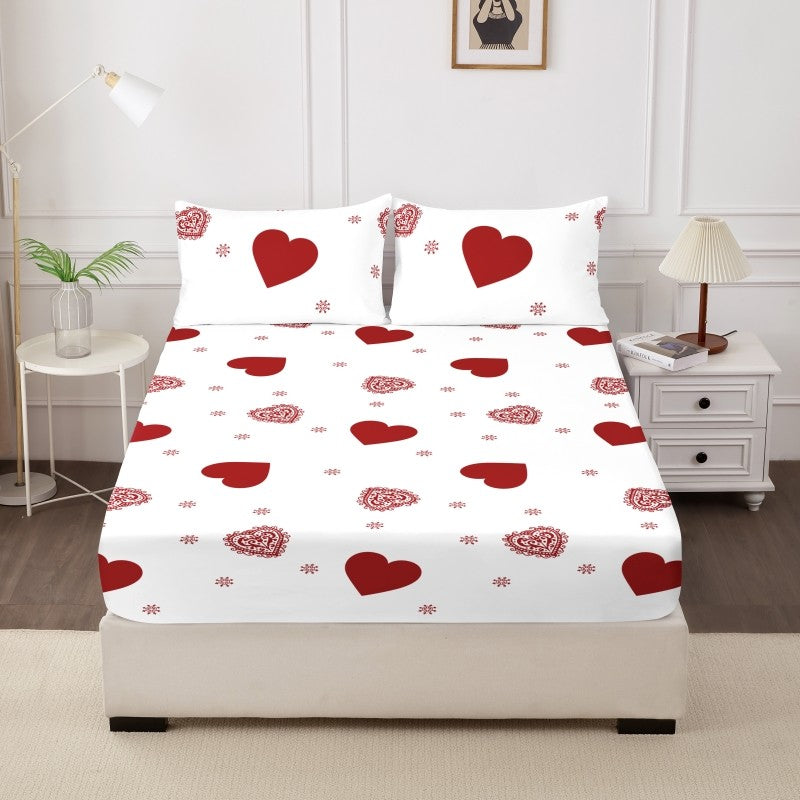 Love Theme Printed Brushed Queen Size Fitted sheet And Pillowcases Set Skin-friendly Bed Cover with Pillowcases For All Seasons