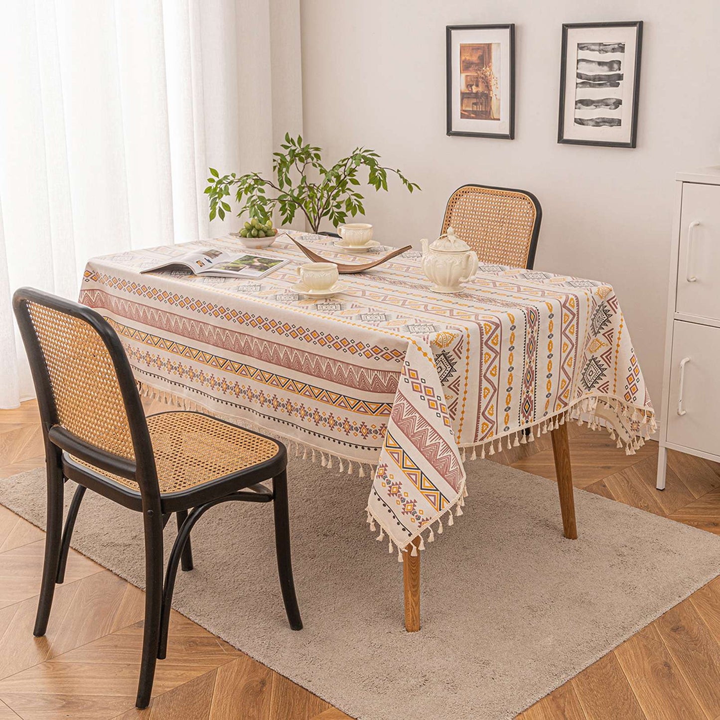 Vintage Boho Tassel Table Cloth Waterproof Cotton Linen Bohemian Tablecloth Patio Outdoor Wrinkle Free Table Protector Covers