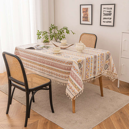 Vintage Boho Tassel Table Cloth Waterproof Cotton Linen Bohemian Tablecloth Patio Outdoor Wrinkle Free Table Protector Covers