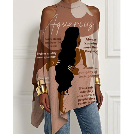 European And American Trendy Printed Off-the-shoulder Skirt Irregular Hem Design Dress Fashionable Loose Long-sleeved T-shirt