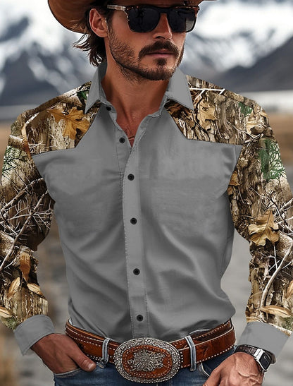 Men's Camouflage Western Shirt Denim Shirt Long Sleeve Western Casual Outdoor Spring and Autumn Lapel Black Brown Green Khaki