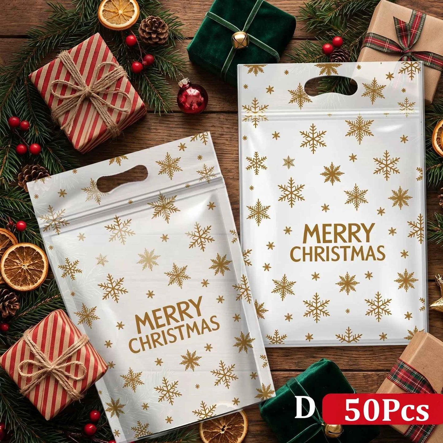 50Pcs Resealable Christmas Zip Lock Bags 50PCS Clear Christmas Plastic Sealing Bags with Handles for Xmas Holiday Party Candy