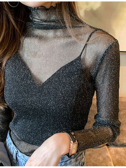 Spring Summer Women's Sexy See Through Mesh Blouse Long Sleeve Transparent Shining Elegant Shirt Fashion Women Tops 2025