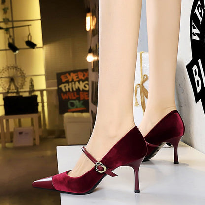 Korean Version Party 10cm 7cm High Heels Women Shoes Thin Heels Velvet Shallow Montage Pointed Toe Metal One-line Buckle Pumps