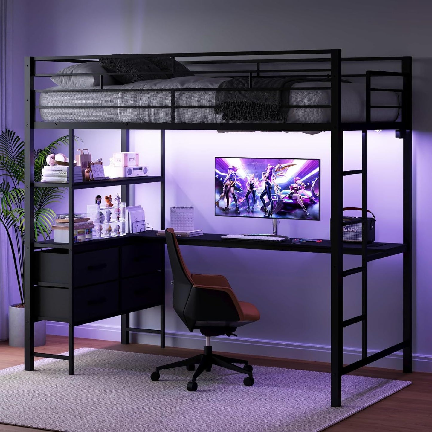 Cama Loft de Metal Tamanho Completo com Escrivaninha Embutida, 2 Estações de Carregamento, Luzes LED e Grades de Proteção para Crianças, Adolescentes e Adultos