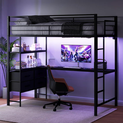 Cama Loft de Metal Tamanho Completo com Escrivaninha Embutida, 2 Estações de Carregamento, Luzes LED e Grades de Proteção para Crianças, Adolescentes e Adultos
