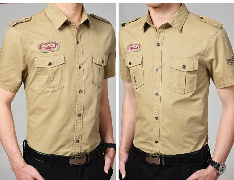 Men Cargo Shirts Summer Military Cotton Short Sleeve Shirts Retro Slim Fit With Pocket Epaulets Half Sleeve Shirts Drop Shipping