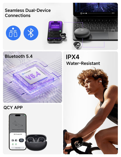 QCY Crossky C30 Ear Clip Earphones Bluetooth 5.4 Wireless Open Ear Sports TWS Earbuds Dual-Connection Headphones