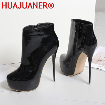 Big Size 35-47 Patent Leather Women Boots Round Toe Side Zipper Super High Heels 16CM Pumps 2025 Sexy Platform Party Shoes Woman