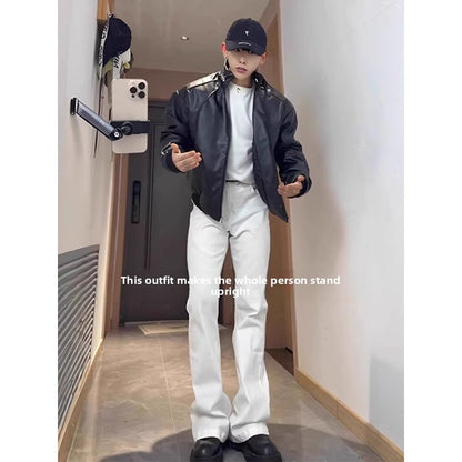 Calça Jeans Branca Casual de Perna Reta Masculina Slim Fit Algodão Poliéster Resistente ao Desgaste para Primavera Estilo High Street