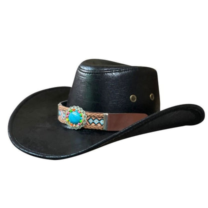 Simple PU Leather Western Cowboy Hat Big Brim Drawstring Sunscrean Bucket Cap Outdoor Travel Hat Hiking Hat Fisherman Hat Travel