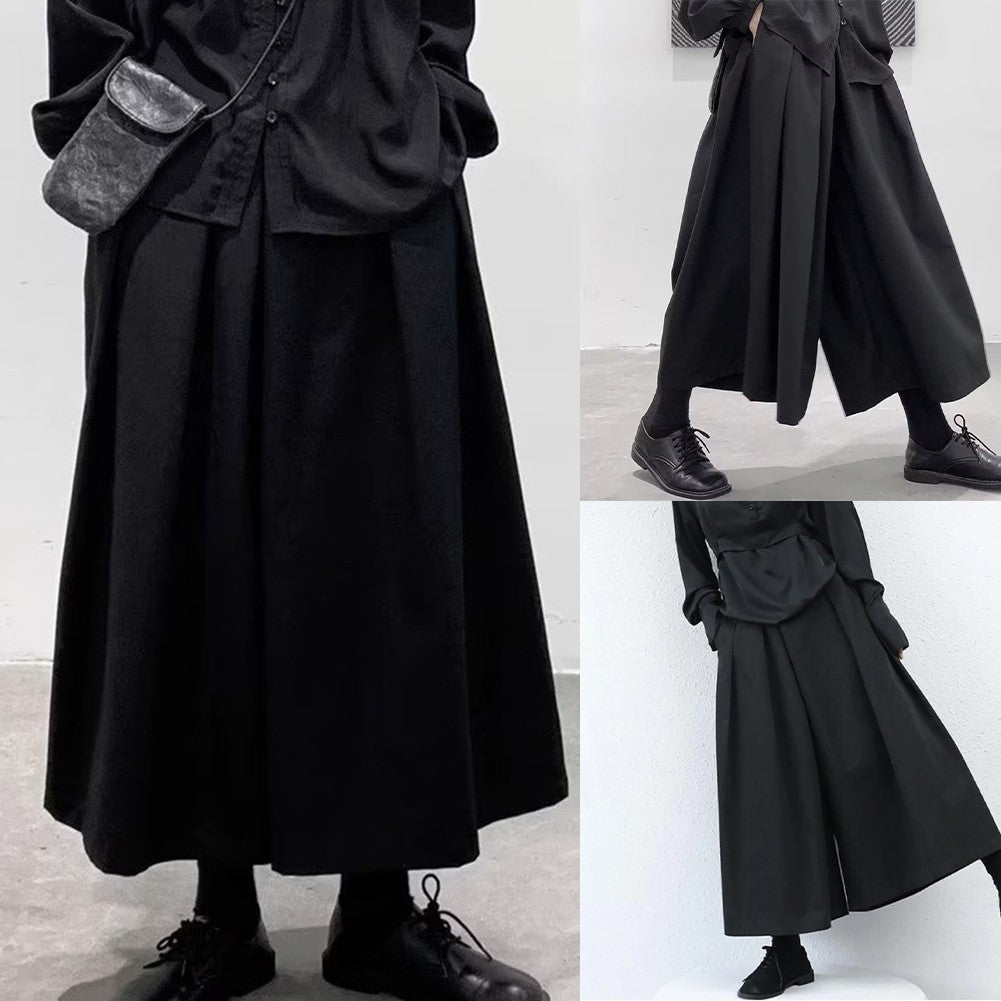 Mens Gothic Dark Style Loose Cropped Hakama Wide Leg Design Sense High Waist Samurai Pants Fashion Straight Male Skirt Pants