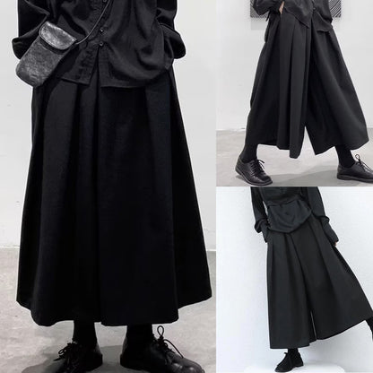 Mens Gothic Dark Style Loose Cropped Hakama Wide Leg Design Sense High Waist Samurai Pants Fashion Straight Male Skirt Pants
