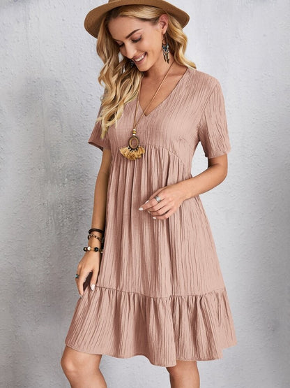 Elegant Solid V Neck A Line Dress 2024 New Summer Ruffles Loose Mini Dress Casual Short Sleeve Beach Party Vestidos Streetwear