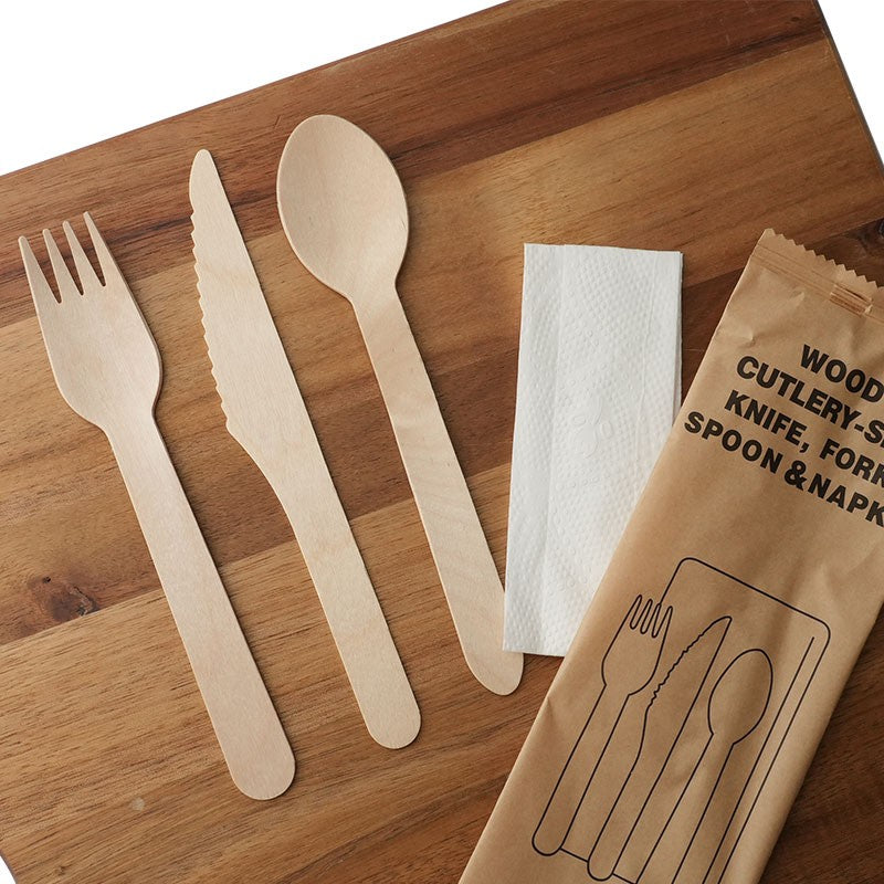 20pcs Disposable Wooden Cutlery Combo(Fork Knife Spoon Paper Napkin) Portable Party Camping Biodegradable Wooden Tableware Set