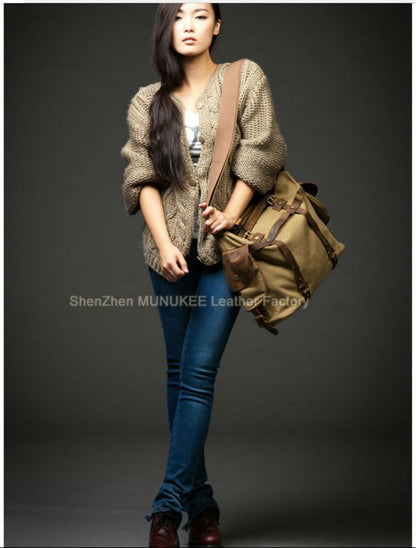 Vintage Military Canvas + Genuine Leather Men Shoulder Bag Sling Crossbody Bag Tote Handbag Men Canvas Messenger Bag  Leisure