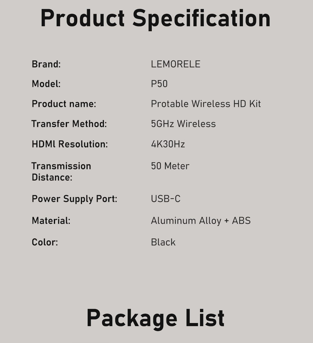 Kit Transmissor e Receptor de Vídeo HDMI Sem Fio Lemorele P50 4K, Extensor HDMI para Monitor, Projetor, HDTV, para PC, Câmera, Laptop