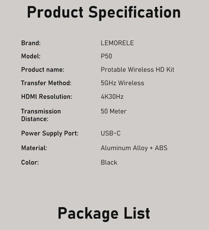 Kit Transmissor e Receptor de Vídeo HDMI Sem Fio Lemorele P50 4K, Extensor HDMI para Monitor, Projetor, HDTV, para PC, Câmera, Laptop