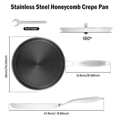 Panquequeira Antiaderente Favo de Mel Panela Dosa Alça Ergonômica de Aço Inoxidável Panela de Panqueca de Cozinha Panela de Tortilla Compatível com Indução