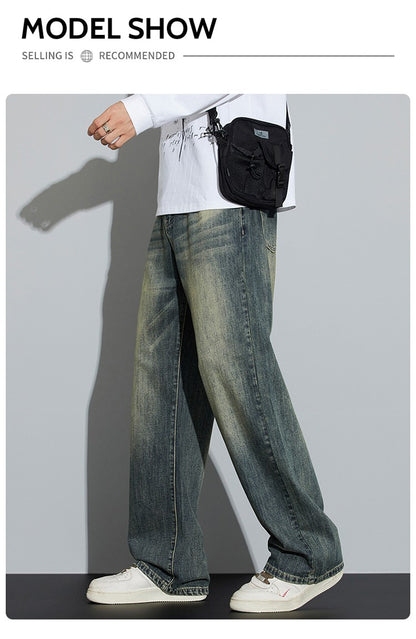 Calças Jeans Masculinas Folgadas de Algodão Perna Larga Retrô Estilo Urbano Coreano Reta Lavada Calças Jeans de Marca de Alta Qualidade