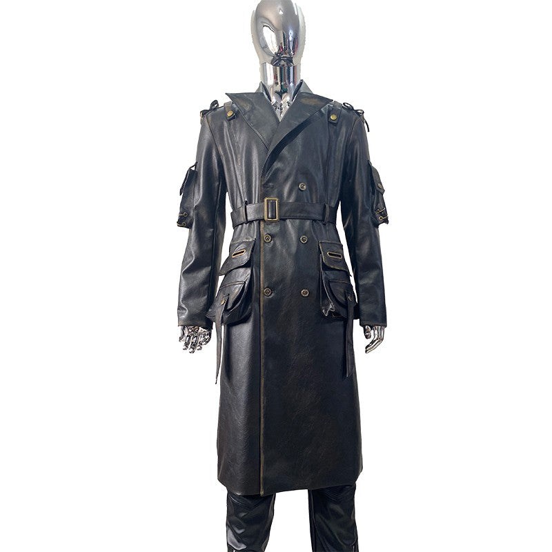 Nerazzurri Spring Autumn Cool Long Waterproof Distressed Black Pu Leather Trench Coat Men Belt Pockets Luxury Designer Clothes