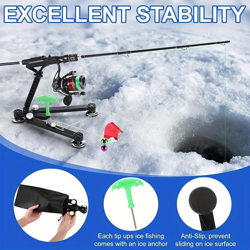 Suporte Dobrável para Vara de Pesca no Gelo com Sino e Bandeira - Suporte Ajustável Compatível com Perfurador de Gelo, Acessórios Portáteis para Pesca de Inverno
