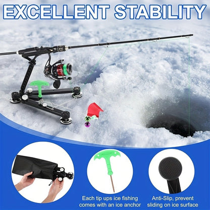 Suporte Dobrável para Vara de Pesca no Gelo com Sino e Bandeira - Suporte Ajustável Compatível com Perfurador de Gelo, Acessórios Portáteis para Pesca de Inverno