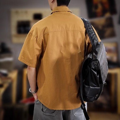 2025 Summer Men's Multi-pocket Oversized Short Sleeve Shirts High Street Fashion Cargo T-shirt New American Casual Y2K Shirt