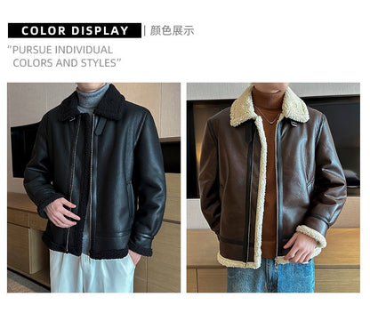 Autumn and winter warm thick leather jacket for men's trendy slim fit lapel motorcycle suit men's leather jacket